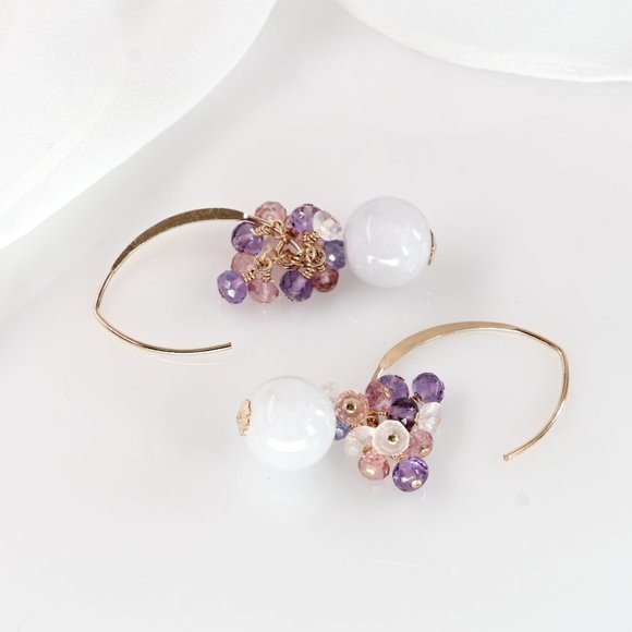 Jade Earrings with Amethyst Pink Topaz Cluster, 14K Gold Filled French Ear Wires - Picture 6 of 9